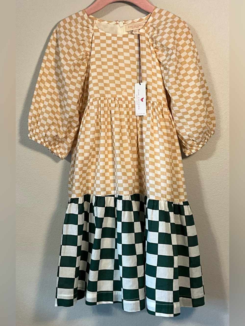 NWT Pink Chicken Tan & Green Check Tiered Dress